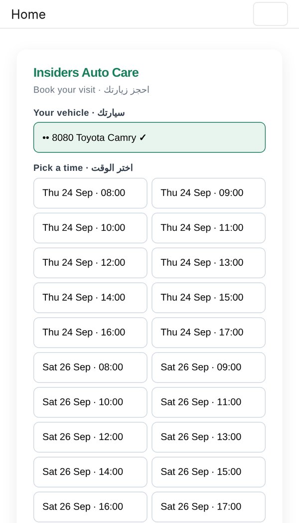 Online booking on a phone for Insiders Auto Care: the customer vehicle selected and a grid of available time slots