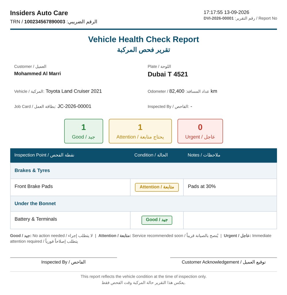 Bilingual vehicle health check report with counts of good, attention and urgent points, and brake pads marked for attention at 30 percent