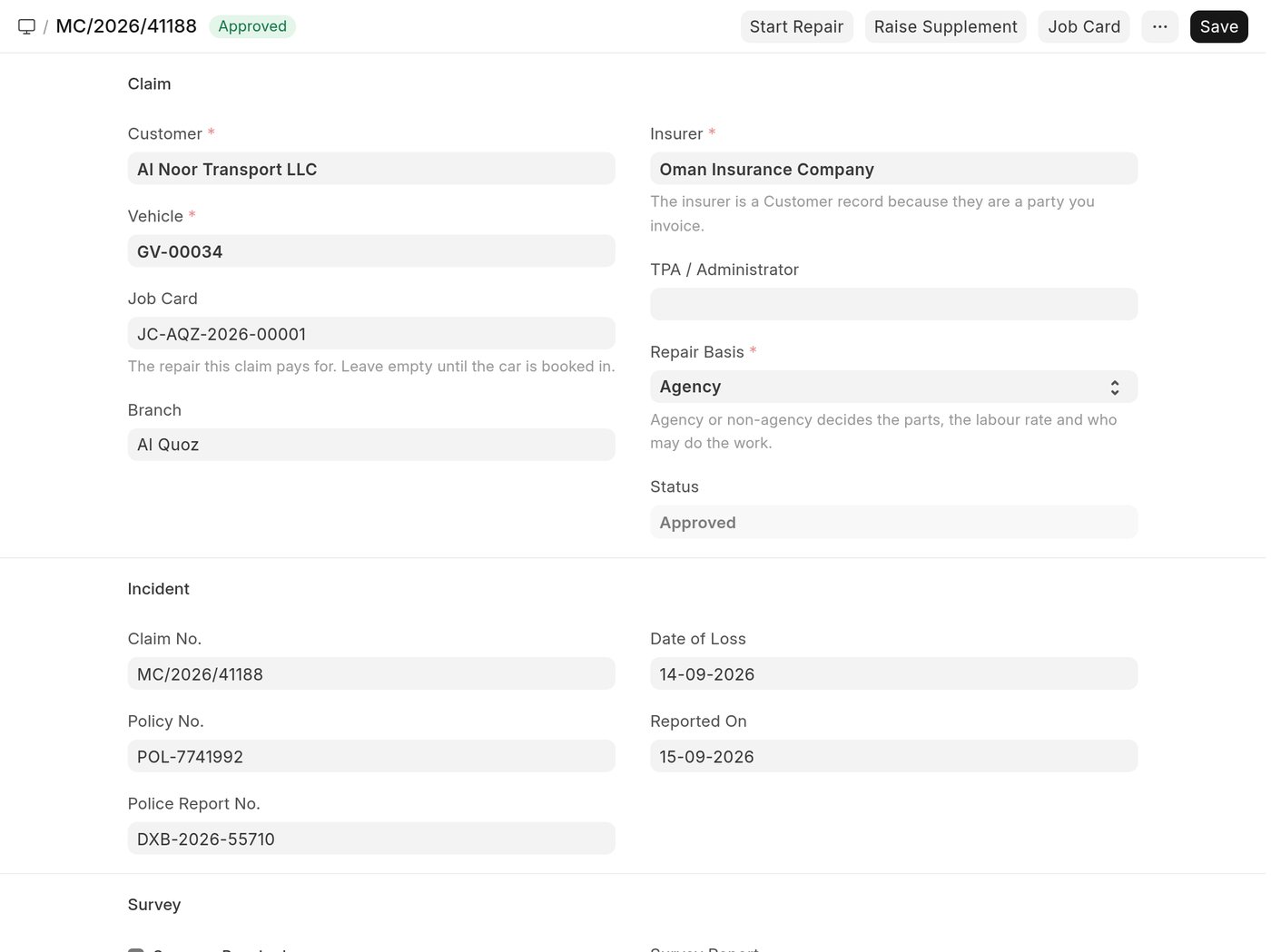 An approved insurance claim showing the customer, vehicle, job card, insurer, agency repair basis, claim number, policy number and police report number, with Start Repair and Raise Supplement buttons