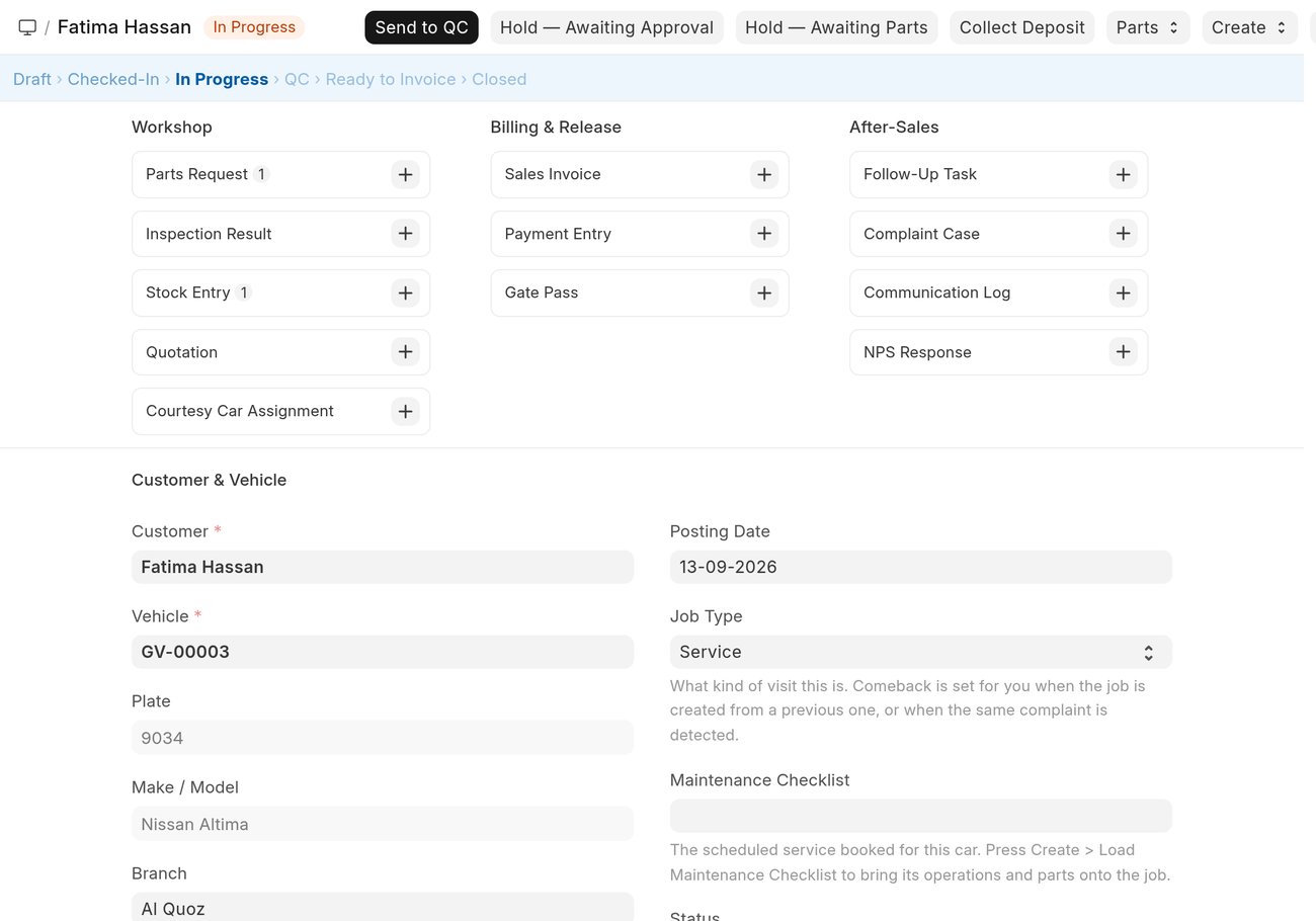 A job card for Fatima Hassan in progress, with Send to QC, Hold, Collect Deposit and Parts buttons and links to parts requests, inspection, stock entries and the sales invoice
