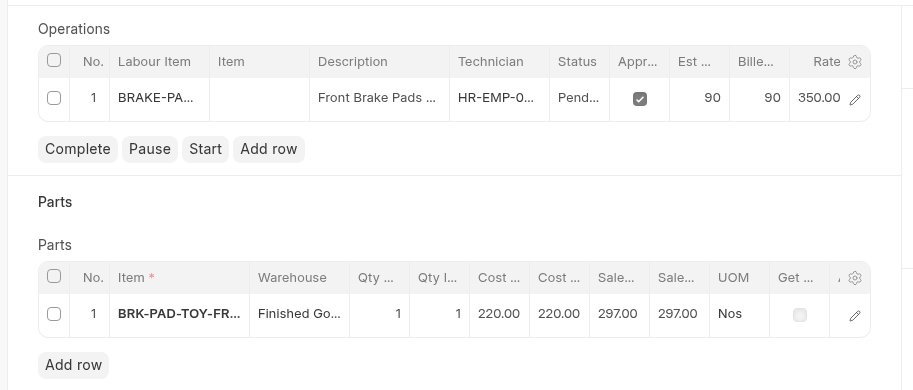 The operations and parts tables on a job card: a brake pad labour line with technician, estimated and billed minutes and rate, and a brake pad part line with cost and selling price