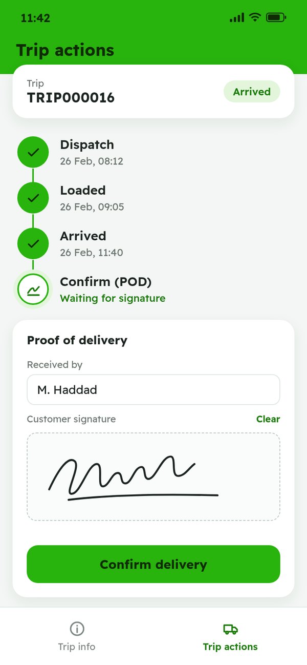The Insiders proof-of-delivery app on a phone: trip TRIP000016 with Dispatch, Loaded and Arrived completed, and the proof-of-delivery step showing the receiver name, the customer signature and a Confirm delivery button
