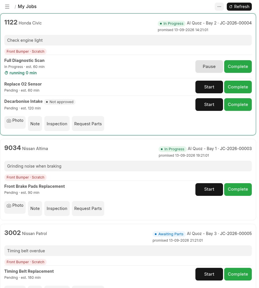 The technician tablet listing jobs by car with operation status and estimated minutes